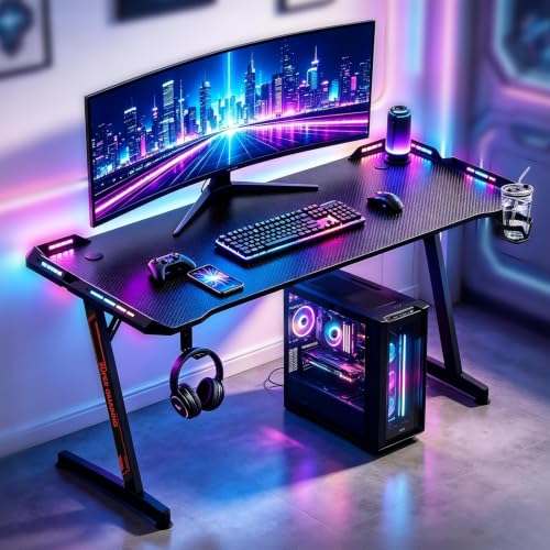 WoRaum Gaming Tisch L07 mit LED 160CM – PC Schreibtisch mit Carbon-Oberfläche, 2 RGB LED Streifen (352 Modi, 10 Helligkeitsstufen), Z-förmiger Stahlrahmen bis 80kg, Getränkehalter & Kopfhörerhaken