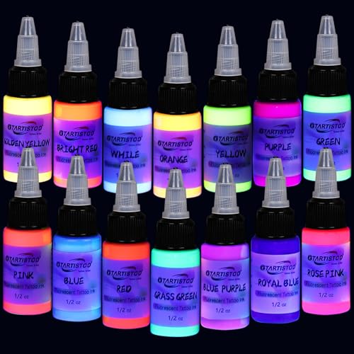 Fluoreszierende Tattoo-Tinten-Set 14 Flaschen 15 ml (0.5 fl oz) Standard pigment Professionelles Tattoo farbe Zubehör