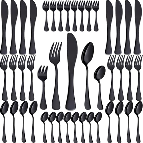 Joeczo 40-teiliges Besteckset Schwarz, Edelstahl-Besteck Set 8 Personen (8 Gabeln, 8 Messer, 8 Esslöffel, 8 Teelöffel, 8 Kuchengabeln) - Spülmaschinenfest