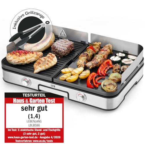 LEBENLANG Elektrogrill Tischgrill elektrisch - 2400W & Inkl. Grillzange | Inkl. Spritzschutz I Für Drinnen & Draußen I Gril Elektro Grill für Balkon Tisch I Elektrischer Plattengrill Indoor Grills