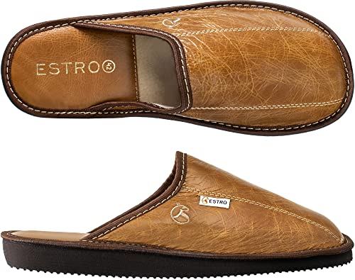 ESTRO Hausschuhe Herren Leder Herrenhausschuhe - Hausschuh Männer Pantoffel Pantoffeln Pantoletten Slipper Mann Warm Rust (43 EU, Kamel, 43)