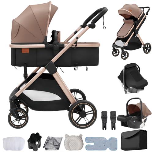 Oubeauou Reisesystem 3 in 1, kombi Kinderwagen, von Neugeborenen bis Kleinkind, All-Terrain, Einhand-Klappbar, Hochsitz-Baby-Kinderwagen, wandelbarer Babywagen