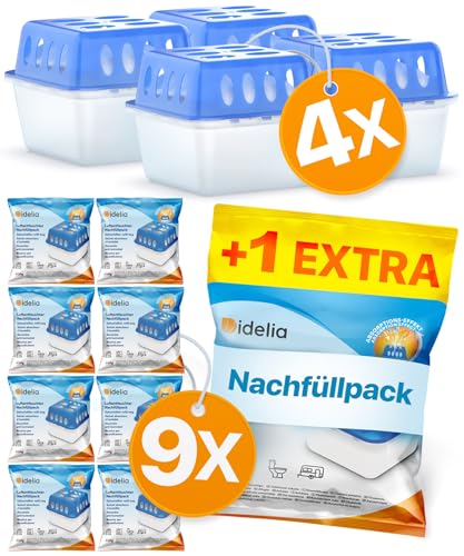 Idelia® 4x Luftentfeuchter + 9x 400g Nachfüllpacks - Raumentfeuchter für Bad, Keller uvm. bis 40m² + 9x Luftentfeuchter Granulat (4x Entfeuchter + 9x Nachfüllpacks) Baumarkt Fachhandel Qualität