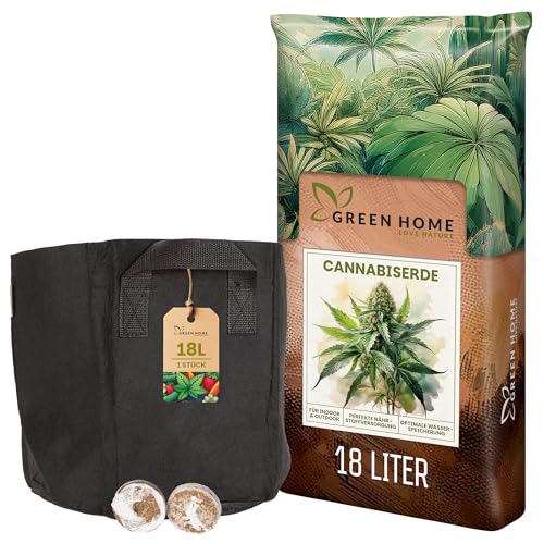Green Home Cannabis Anbau Set | 1 x Pflanzsack, 18L Cannabis Erde + 2 Quelltöpfen | Perfekt für Cannabis, Tomaten, Kräuter | Atmungsaktiv & Wiederverwendbar f. optimale Wachstumsbedingungen