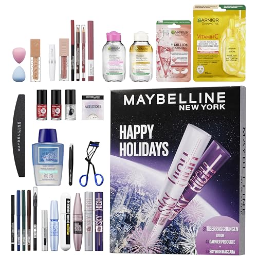 Maybelline New York Adventskalender 2025, Mit 31 Türchen für den gesamten Dezember, 26 Originalprodukten & 5 Goodies, inkl. 2 Sky High Mascara + 4 Garnier Skincare Produkten