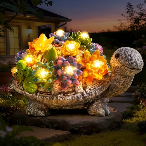Ollny Wetterfeste Solar Gartenfigur Schildkröte – Charmante Gartendeko für Draußen und Balkon Deko Frauen – Deko Garten und Balkon mit 8 LED Lichtern