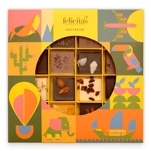 Felicitas Weltreise Schokolade 200g – 43 Mini Tafeln – 20 Sorten aus aller Welt – Belgische Schokolade Box – Glutenfrei & alkoholfrei – Süßigkeiten Box zum Geburtstag, Weihnachten & besonderen Anlässe