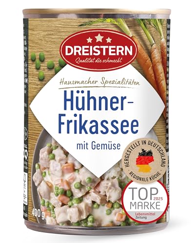 DREISTERN Hühnerfrikassee 400g I Mit zartem Gemüse I Herzhaftes Fertiggericht in recyclebarer Konservendose I Lange Haltbarkeit dank natürlicher Konservierung I Hausmacher Qualität