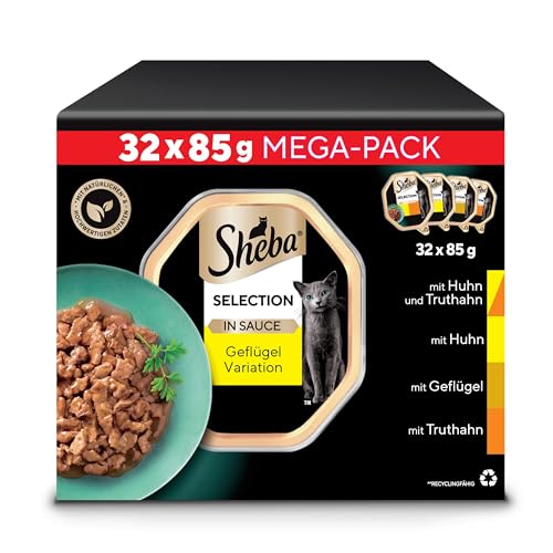 SHEBA Adult Katzenfutter nass - 32x85g Schalen - Geflügel Variation in Sauce - Nassfutter für Katzen - 1 Großpackung
