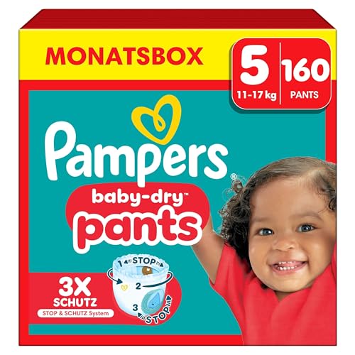 Pampers Baby-Dry Pants Größe 5, 160 Windeln, 11kg-17kg, 360° Passform hilft, Auslaufen zu verhindern