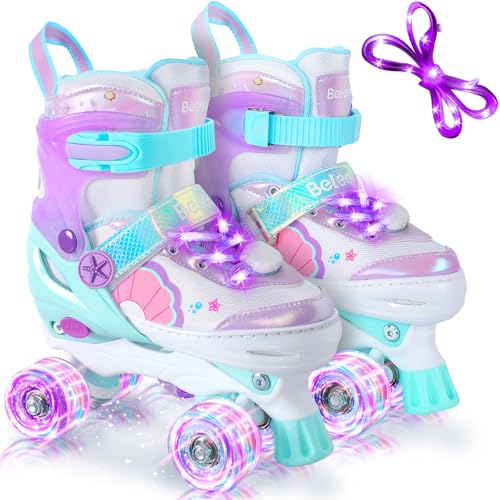 BELEEV Rollschuhe Kinder 4 Größen Verstellbare, Rollschuhe Mädchen mit 8 Leuchtenden LED-Rädern und Schnürsenkeln, Sicher Unterhaltsam, Geburtstags Anfänger Mädchen Jungen- Purple S
