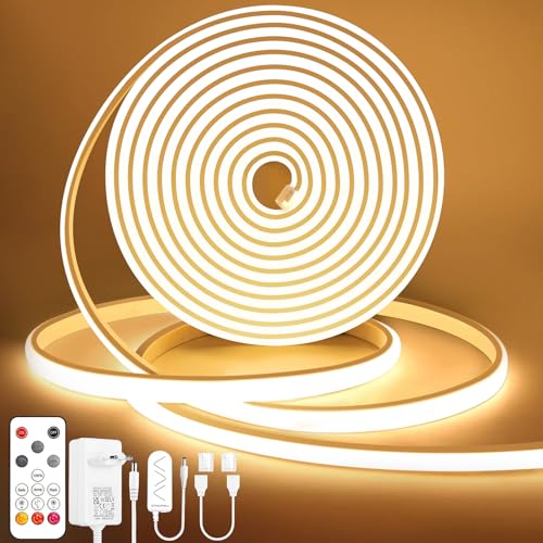 Lamomo COB LED Streifen, Warmweiss Dimmbar 5M LED Strip, Wasserdicht 3000K Neon Led Leiste mit Fernbedienung, 10mm Breit, Silikon Flexibel Lichtleiste für Schlafzimmer Innen Außen Küche Deko, CRI90+
