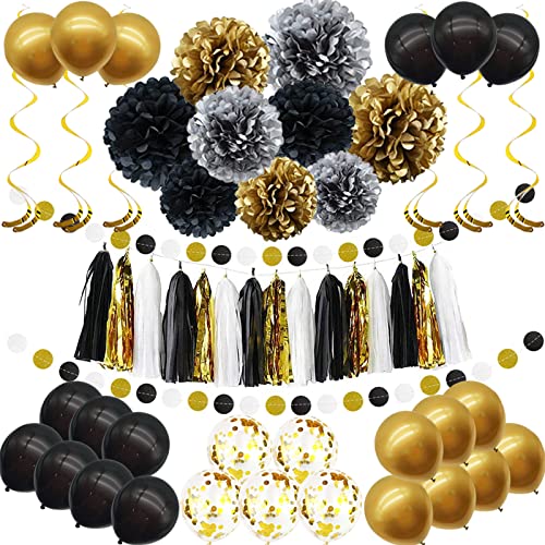 Jeackcelle Party Decoration Set, 57 Pieces Black Gold Party Decoration, Balloons, DIY Party Paper Pompoms Flowers, Paper Garland for Party Birthday, New Year, Carnival Parties Main Decorations