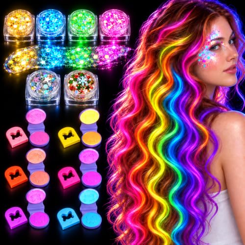 Haarkreide für Mädchen Set mit Glitzer Gesicht Gel, Auswaschbare Temporäre
