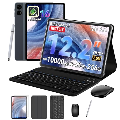 TABWEE T60 12 Zoll Tablet mit Tastatur - Android 16, 48 GB RAM+256 GB ROM, 10000 mAh, 16 MP+8 MP, 1600*2400 QHD+, Widevine L1, TÜV Rheinland, Gemini AI 3.1 Pro, GPS, Tablet 4G LTE (4 Jahre Garantie)
