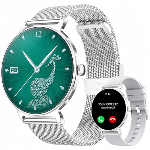 taopodo Smartwatch Damen mit Telefonfunktion, 1,27-Zoll AMOLED-HD Voll-Touchscreen Smartwatch, 120+ Sportmodi, IP68 Wasserdicht Fitness Tracker mit Herzfrequenz, Schlafmonitor für iOS Android, Silber