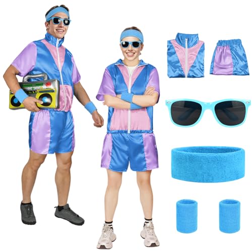 Aomig 90er 80er Jahre Kostüm Erwachsene Retro Trainingsanzug 6PC Disco Outfit mit Armband Kopftuch Sonnenbrille Kurzarmshirt Shorts Faschingskostüme 80er Party Bad Taste Mottoparty Karneval (B-Blau-L)