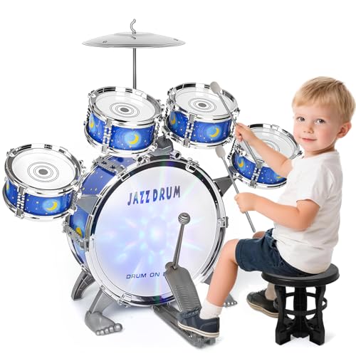 Kinder Schlagzeug Spielzeug, Kinderspielzeug Schlagwerk Drumset mit Hocker Musikspielzeug Weihnachten Geburtstag Geschenk für 3-6 Jahre Kleinkinder Jungen Mädchen, Blau