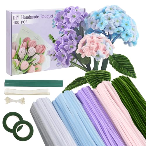 Galerie SV Pfeifenputzer zum Basteln Set, 400 Stück Pfeifenreiniger 5 Farben Blumenstrauß Pfeifenreiniger Blumen mit Geschenkband, Klebeband, Perlenaufnäher, Staubblätter für DIY Geschenke und