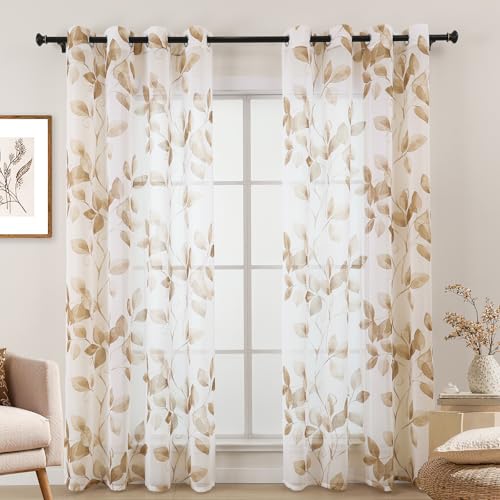 L.Z.E Vorhang Taupe Braun für Küche Fenster, Transparent Gardine Sand Weiß mit Ösen Kurz, Durchsichtig Gardinen Vorhänge für Wohnzimmer Schlafzimmer, 2er Set Blatt Gemustert Ösenvorhang, 145 cm Länge