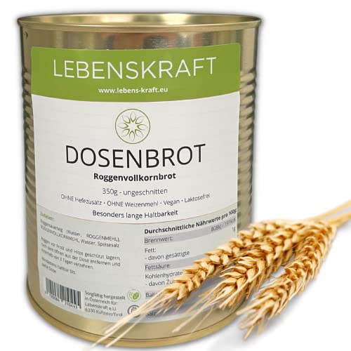 Lebenskraft Dosenbrot, Roggenvollkornbrot, 1 Dose 350g, lang haltbares Dosenbrot, ohne Weizenmehl, vegan, laktosefrei