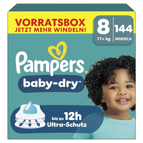 Pampers Baby-Dry Größe 8, 144 Windeln, 17kg+, Bis zu 100% Auslaufschutz & Komfort die ganze Nacht