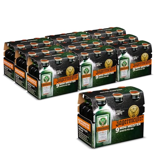 Jägermeister – 90 x 0,02 l Mini Meister Shots Premium Kräuterlikör 35% Vol. – 56 erlesene Kräuter – Kalt mazeriertes Elixier – Im Eichenfass gelagert – Das Original aus Wolfenbüttel