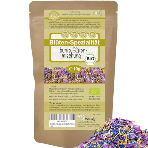 direct&friendly | Bunte Bio Blütenmischung | 10g | farbenfroher Essblüten-Mix aus Rosen-, Ringelblumenblüten- und Kornblumenblütenblättern