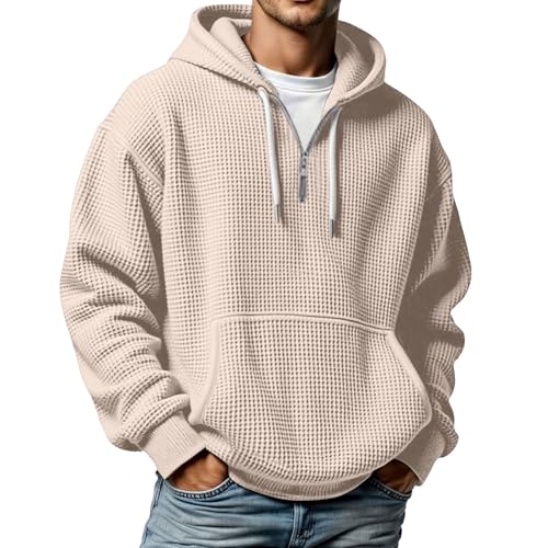 Nuqqichongtian Hoodie Herren,Kapuzenpullover Herren mit Waffelmuster Lässig Lockere Hoodies Taschen Einfarbig Bequem Pullover Alltag Freizeit Sport Kapuzen Sweatshirt Teenager Streetwear Beige L