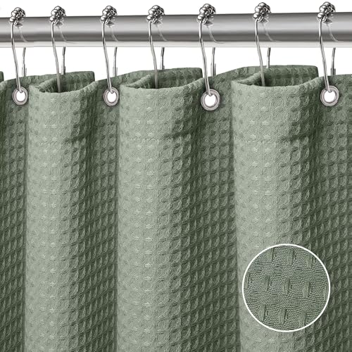FIISAYL Waffel Duschvorhang Shower Curtains mit Magnet Waschbar Textil Polyester Stoff Bad Vorhang mit 12 Duschvorhangringe Wasserdicht für Dusche und Badewanne 183 x 198 cm(Grün)
