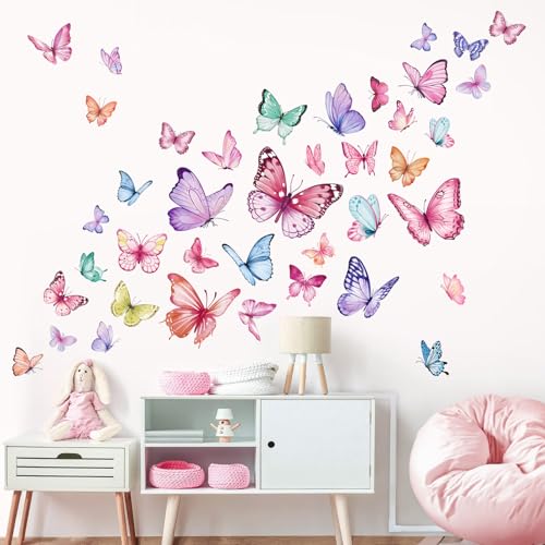wondever Wandtattoo Aquarell Schmetterlinge Rosa Wandaufkleber Bunt Schmetterling Mädchen Wandsticker Wanddeko für Mädchenzimmer Kinderzimmer Babyzimmer