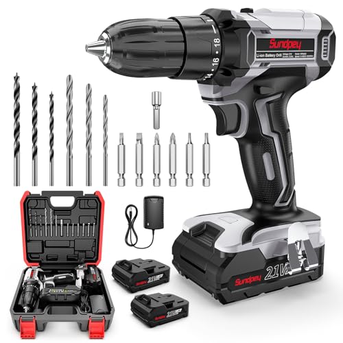 Akkuschrauber Set, Akku Bohrschrauber 21V - Sundpey 18+1 Akkubohrer mit 2 Akkus 2.0Ah, 45Nm Max Drehmoment, 2-Gang, LED-Licht, 10mm Bohrfutter, Leicht Akkubohrer und Akku Schrauber für Haus & DIY