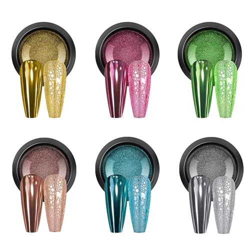 6 Farben Mehrfarbig Nail Chrome Powder, Metallic Cromepulver Cromepulver Nägel mit Gold, Rosa, Grün, Champagner, Blau und Silber, Chrome Pulver Nägel 0.5/Jar (Colors A, 6 Pcs)