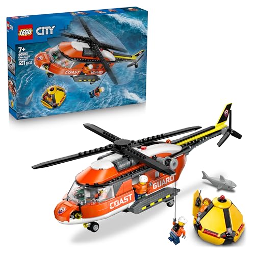 LEGO City Hubschrauber der Küstenwache - Spielzeug Einsatzfahrzeug - Modellbau mit Schiebetüren, Winde, 4 Minifiguren und Hai Figur - Geburtstagsgeschenk für Jungen ab 7 Jahren - 60503