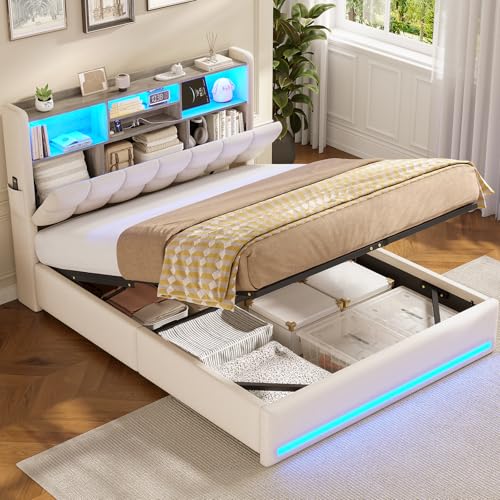AOGLLATI Polsterbett 140×200 Hydraulisches Stauraumbett mit LED-Bleuchtung,Jugendbett mit USB- und Type-C-Anschlüsse Doppelbett Bettgestell mit Holzlatten, Leinenstoff,ohne Matratze(Beige, 140x200cm)