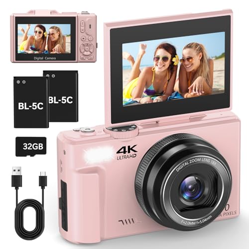 4K Digitalkamera 64MP Kompaktkamera Fotokamera mit Flip Screen Autofokus Vlogging Fotoapparat für einsteiger, 16X Digitalzoom, mit 32GB Karte, 2 Batterien,pink
