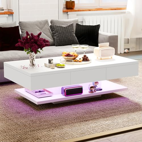 Oyajia Couchtisch, Modern Sofatisch Wohnzimmertisch mit 2 Schublade, Wohnzimmertisch Hochglanz Modern, Beistelltisch Weiss mit Offenem Ausstellungsregal Weiß, 100 * 60 * 35cm(LED Nicht enthalten)