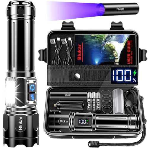 Blukar Taschenlampe LED 2 Farbtemperatur mit Hauptlicht & Seitlich COB-Licht, Aufladbar Extrem Hell Stufenlos Dimmbar Taschenlampen Zoombar Handlampe, 7 Modi Wasserdicht Flashlight für Outdoor Notfäll