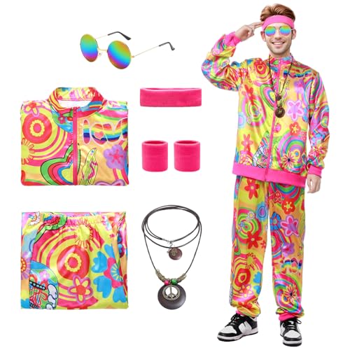 Ficlwigkis Hippie Kostüm Herren 80er 90er Jahre Outfit Herren Damen,Neon Flower Power 80er Trainingsanzug Retro Jogginganzug Bad Taste Outfit Karneval Faschingskostüme