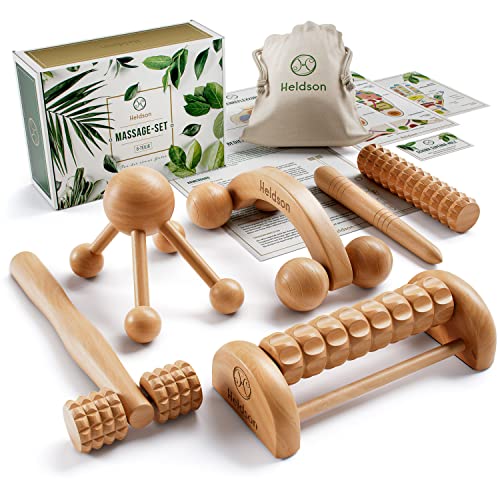 HELDSON® Premium Massage Set Holz [6 Teile] FSC®100% - Diverse Massagegeräte & Massage Roller - Fußmassage, Kopfmassage, Triggerpunkt Drücker - Entspannung Therapie Tools - Anti Cellulite, Stress