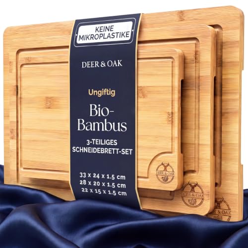 Deer & Oak Schneidebrett Holz Bambus Set 3-teilig, vorgeölt mit Saftrille