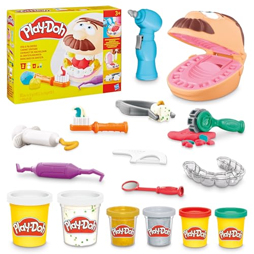 Play-Doh Zahnarzt Dr. Wackelzahn Bastel-Set mit 8 x 56g Becher und 10 Werkzuegen zum Formen, mit Kariesknete und metallfarbener Knete, kreatives für Kinder