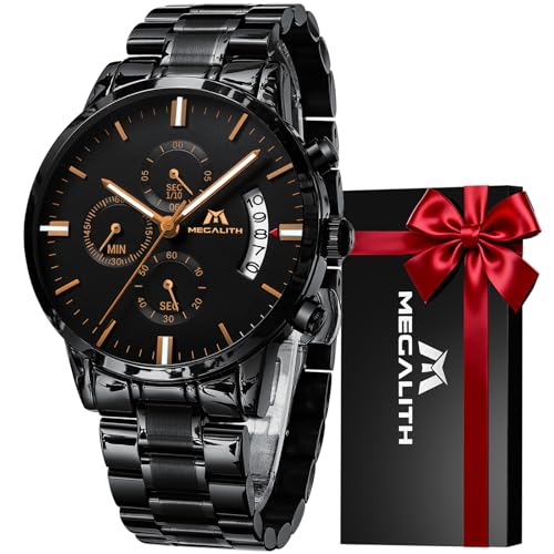 MEGALITH Herrenuhr Schwarz Edelstahl Militär: Chronographen Herren Armbanduhr Wasserdicht Leuchtende Datum - Analog Uhren fur Männer Großes Ziffernblatt Mode Casual