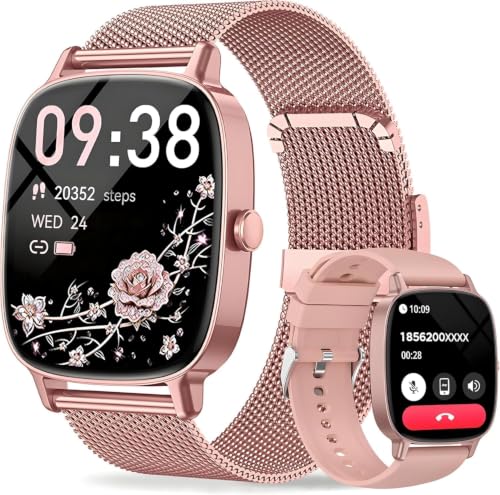 Smartwatch Damen mit Telefonfunktion, 1.85 Zoll HD Voll-Touchscreen Smartwatch, 120+ Sportmodi, IP68 Wasserdicht Fitness Tracker mit Herzfrequenz, Schlafmonitor für iOS Android(2 Armbändern)-Rose