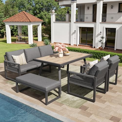 Mrwoo Gartenlounge-Set 6–7 Sitzer Outdoor, Modernes Gartensofa mit Esstisch,Hoher Komfort Durch Dicke Polster, Wetterfest und Stabil, Geflochtenes Seildesign, Ideal für Terrasse, Balkon und Garten