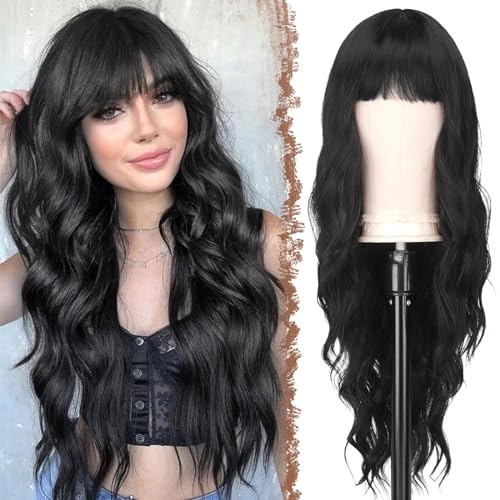FESHFEN Lange Schwarz Perücke mit Pony für Frauen Natürliche Synthetik Gewellt Wellig Haare Hitzebeständig Damen Perücken für Tägliche Party Cosplay Karneval, 65 CM Black Wig with Bangs