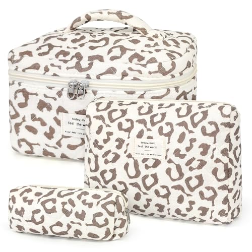 YMIFEEY 3 Stück Kosmetiktasche Kulturtasche Damen Kulturbeutel Make Up Tasche Groß Klein Set, Schminktasche Makeup Bag Waschtasche Reise Cosmetic Bag Beauty Case Organizer für Frauen (Leopard)