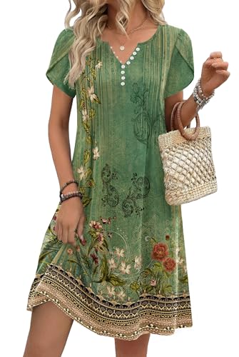 Zeagoo Sommerkleider Damen V-Ausschnitt A-Linie Elegant Blumenkleider Kurzarm Tunika Kleid Lässige Locker Strandkleid Plissee mit Taschen Gelbgrün Blumen XL