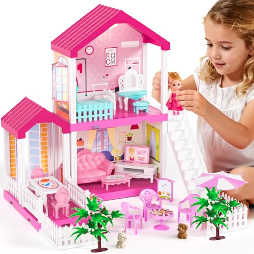 2 Stöckiges Puppenhaus für Mädchen DIY Puppenhaus Spielzeug Haus mit Puppen Figur & Haustier Hunden & Möbel Zubehör, Prinzessin Villa Spielzeug Geschenk für Mädchen Kinder 3 4 5 6 7 8 Jahre (Treppe)