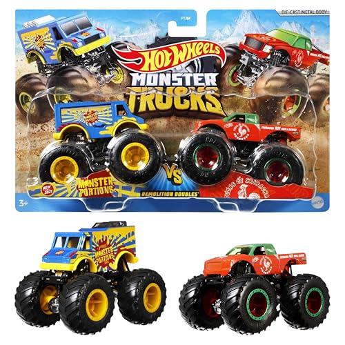 Hot Wheels Monster Trucks Demolition Doubles , 2er-Pack mit verschiedenen Modellen, ink. detaillierte Statistiken zur Stärke, riesige Räder und abgefahrene Details, Design kann variieren, FYJ64